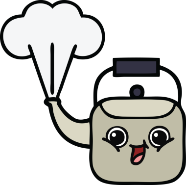 Bir insan tarafından çizilmiş dumanı tüten bir çaydanlığın sevimli çizgi filmi.