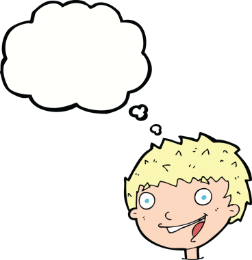 Bir insan tarafından çizilmiş düşünce balonlu gülen çocuk.