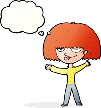 Bir insan tarafından çizilmiş düşünce balonu olan kendini beğenmiş bir karikatür kadını.