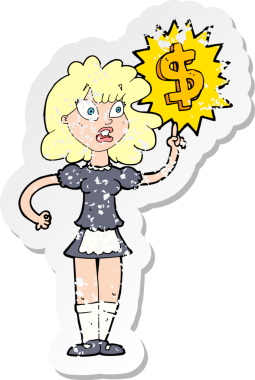 Bir insan tarafından çizilmiş para sembolü olan bir çizgi film garsonunun gerilimli çıkartması.