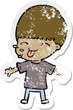 Bir insan tarafından çizilmiş dili çıkmış bir çizgi film çocuğunun sıkıntılı çıkartması.