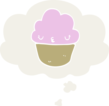 Yüzünde düşünce kabarcığı olan bir insan tarafından çizilmiş bir kek.