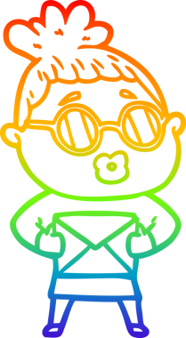 Bir insan tarafından çizilmiş güneş gözlüğü takan çizgi film kadını çizimi.