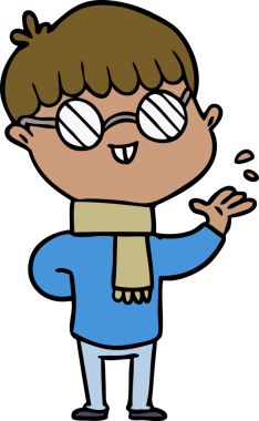 Bir insan tarafından çizilmiş gözlük takan çizgi film çocuğu.