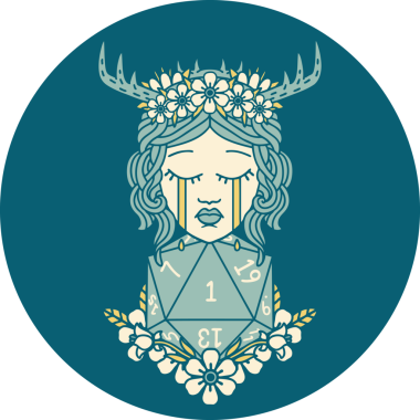 Ağlayan insan Druid ikonu. Bir insan tarafından çizilmiş doğal bir D20 rulosu.