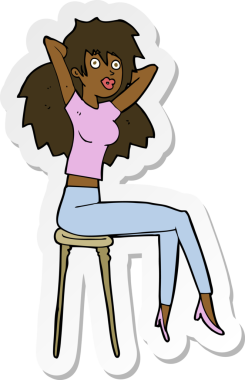 Bir insan tarafından çizilmiş tabureye poz veren bir karikatür kadının çıkartması.