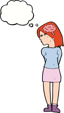 Bir insan tarafından çizilmiş düşünce baloncuğu olan zeki bir kadın.