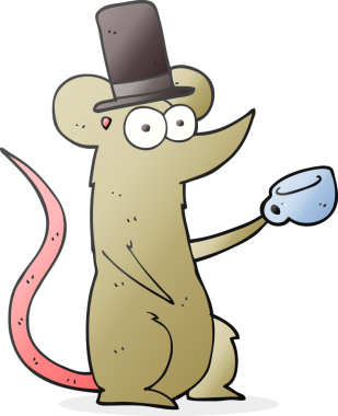 Bir insan tarafından çizilmiş fincanlı ve silindir şapkalı bir fare.