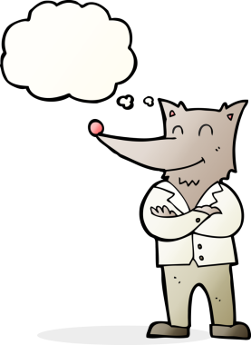 Düşünce baloncuğu olan tişörtlü bir kurt insan tarafından çizilmiş.