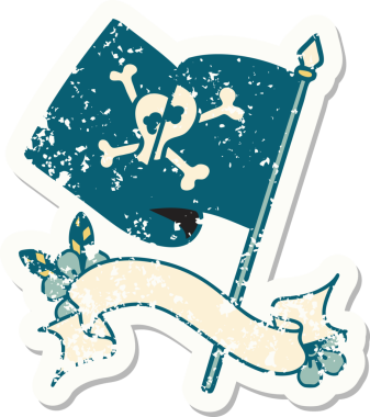 Bir insan tarafından çizilmiş korsan bayrağının bayrağı olan eski bir etiket.