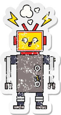 Bir insan tarafından çizilmiş sevimli bir robot çizgi film çıkartması.