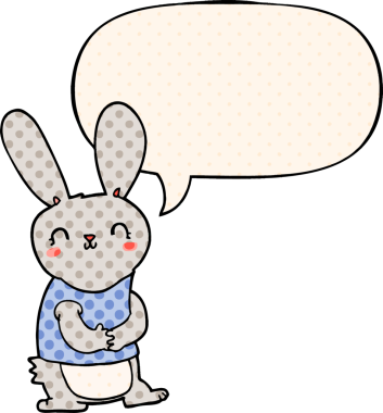 Bir insan tarafından çizilmiş çizgi roman tarzında konuşma balonu olan sevimli çizgi film tavşanı.