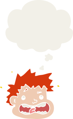 insan tarafından çizilmiş, düşünce baloncuklu karikatür korkmuş yüz.