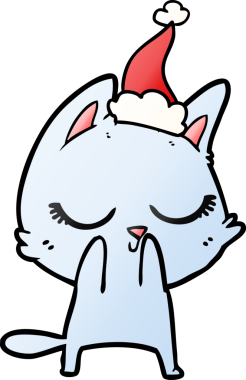 Sakin el çizimi. Bir insan tarafından çizilmiş Noel Baba şapkası takan bir kedi çizimi.