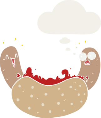 Düşünce baloncuklu çizgi film sosislisi insan tarafından çizilmiş.