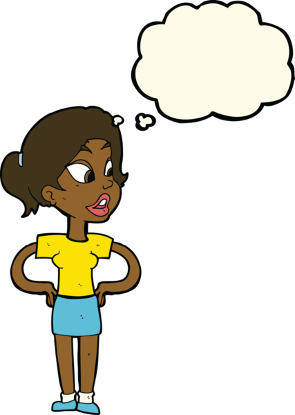 Bir insan tarafından çizilmiş düşünce baloncuğu olan elleri kalçasında çizgi film kadını.