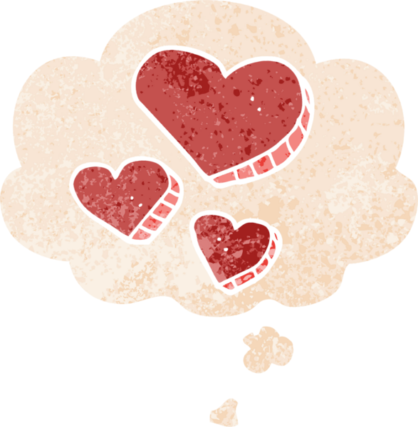 Düşünce baloncuklu karikatür aşk kalpleri bir insan tarafından çizilmiş dertli retro stil