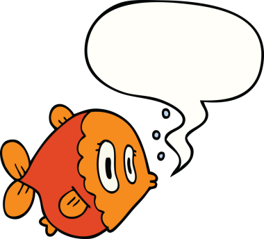 Bir insan tarafından çizilmiş konuşma balonlu çizgi film balığı.