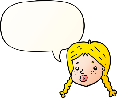 Çizgi film kızlarının yüzleri bir insan tarafından çizilmiş yumuşak eğimli konuşma baloncuğuyla doludur.