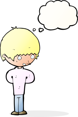 Bir insan tarafından çizilmiş düşünce baloncuğu olan sinirli bir çocuk.