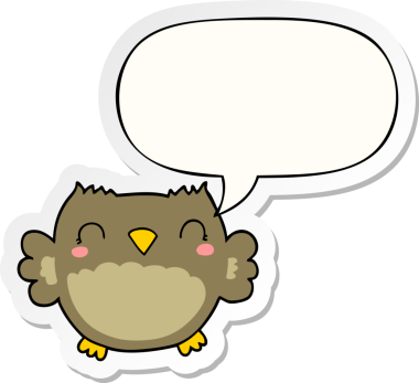 Bir insan tarafından çizilmiş konuşma kabarcığı çıkartmalı sevimli çizgi film baykuşu.