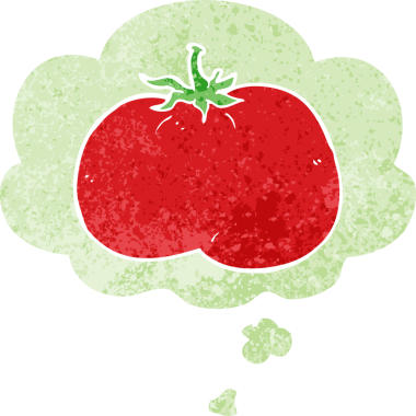 Düşünce baloncuklu çizgi film domatesi grunge sıkıntılı retro dokuma tarzı bir insan tarafından çizilmiş.