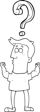 Bir insan tarafından çizilmiş soru işaretli siyah beyaz karikatürcü.