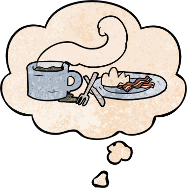 Bir insan tarafından çizilmiş grunge desenli düşünce baloncuklu çizgi film kahvaltısı.