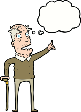 Bir insan tarafından çizilmiş düşünce balonuyla yürüyen yaşlı bir adam.