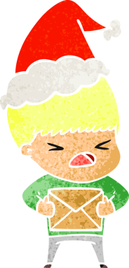 Bir insan tarafından çizilmiş Noel Baba şapkası giymiş stresli bir adamın el çizimi karikatürü.