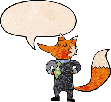 Bir insan tarafından çizilmiş eski moda konuşma baloncuğu olan tilki çizgi film işadamı.