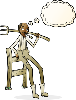 Çizgi film yaşlı çiftçi bir insan tarafından çizilmiş düşünce balonuyla çitlere yaslanıyor.