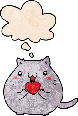 Sevimli çizgi film kedisi bir insan tarafından çizilmiş grunge desenli düşünce baloncuğuna aşık.