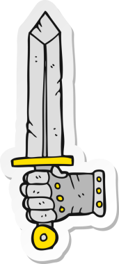 Bir insan tarafından çizilmiş kılıç tutan bir karikatür el çıkartması.