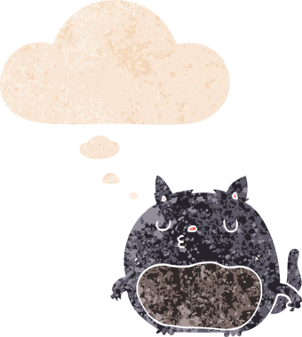 grunge 'da düşünce baloncuğu olan çizgi film kedisi bir insan tarafından çizilmiş dertli retro desenli