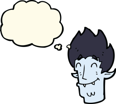 Bir insan tarafından çizilmiş düşünce balonlu mutlu vampir kafası.