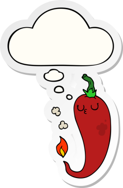 İnsan tarafından çizilmiş bir çıkartma olarak düşünce balonlu sıcak kırmızı biber çizgi filmi.