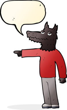 Bir insan tarafından çizilmiş konuşma baloncuğuyla işaret eden bir kurt adam.