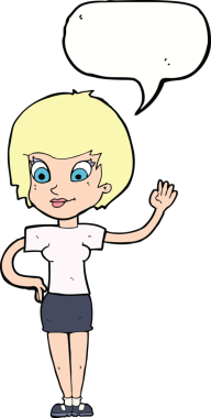 Bir insan tarafından çizilmiş bir konuşma balonuyla el sallayan çizgi film kadını.