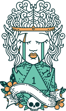 Retro Dövme Tarzı Ağlayan Elf Barbar Karakteri Bir D20 rulosu Bir insan tarafından çizilmiş