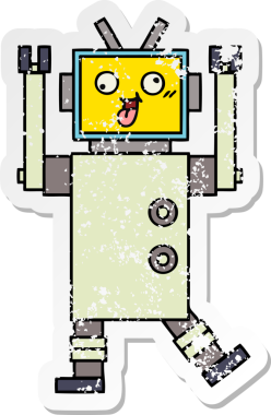 Bir insan tarafından çizilmiş sevimli bir robot çizgi film çıkartması.