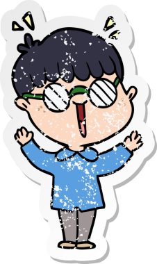 Bir insan tarafından çizilmiş gözlük takan çizgi film karakterinin sıkıntılı çıkartması.