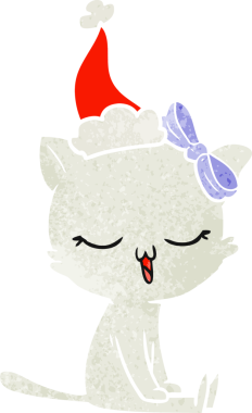 Bir insanın çizdiği Noel Baba şapkası takan kedinin el çizimi karikatürü.