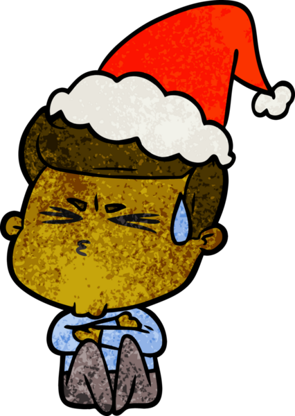 Bir insanın çizdiği Noel Baba şapkasıyla terleyen bir adamın el çizimi karikatürü.