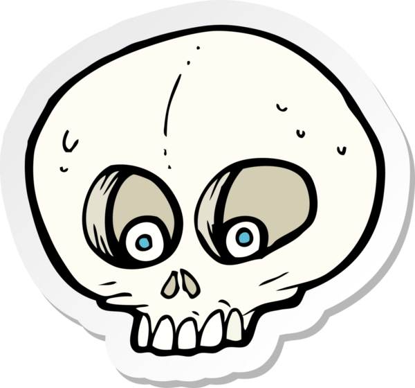 Bir insan tarafından çizilmiş komik bir kafatası çıkartması.