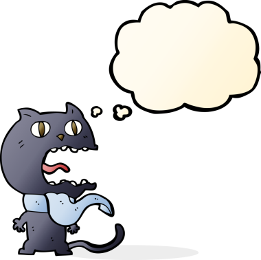 Bir insan tarafından çizilmiş düşünce balonlu korkmuş kedi çizgi filmi.