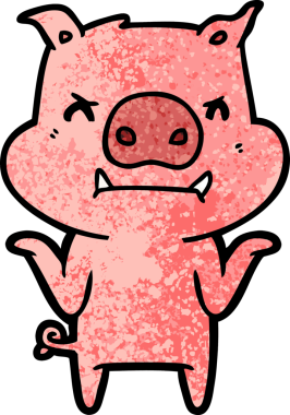 Bir insan tarafından çizilmiş kızgın çizgi film domuzu omuz silkiyor.