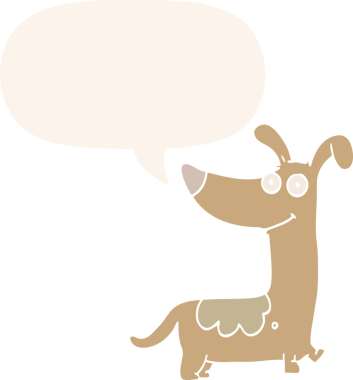 Konuşma baloncuğu olan bir insan tarafından çizilmiş bir çizgi film köpeği.