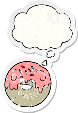 Düşünce baloncuklu çizgi film donutu insan tarafından çizilmiş yıpranmış bir çıkartma gibi.