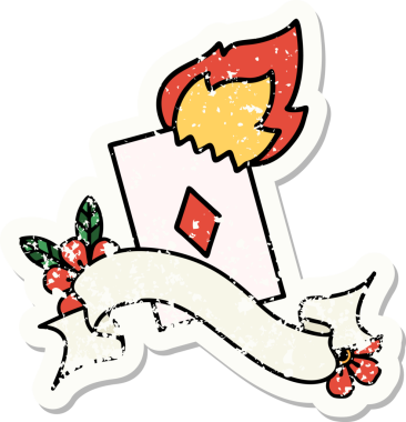 Bir insan tarafından çizilmiş alevli bir kartın pankartı olan eski bir etiket.